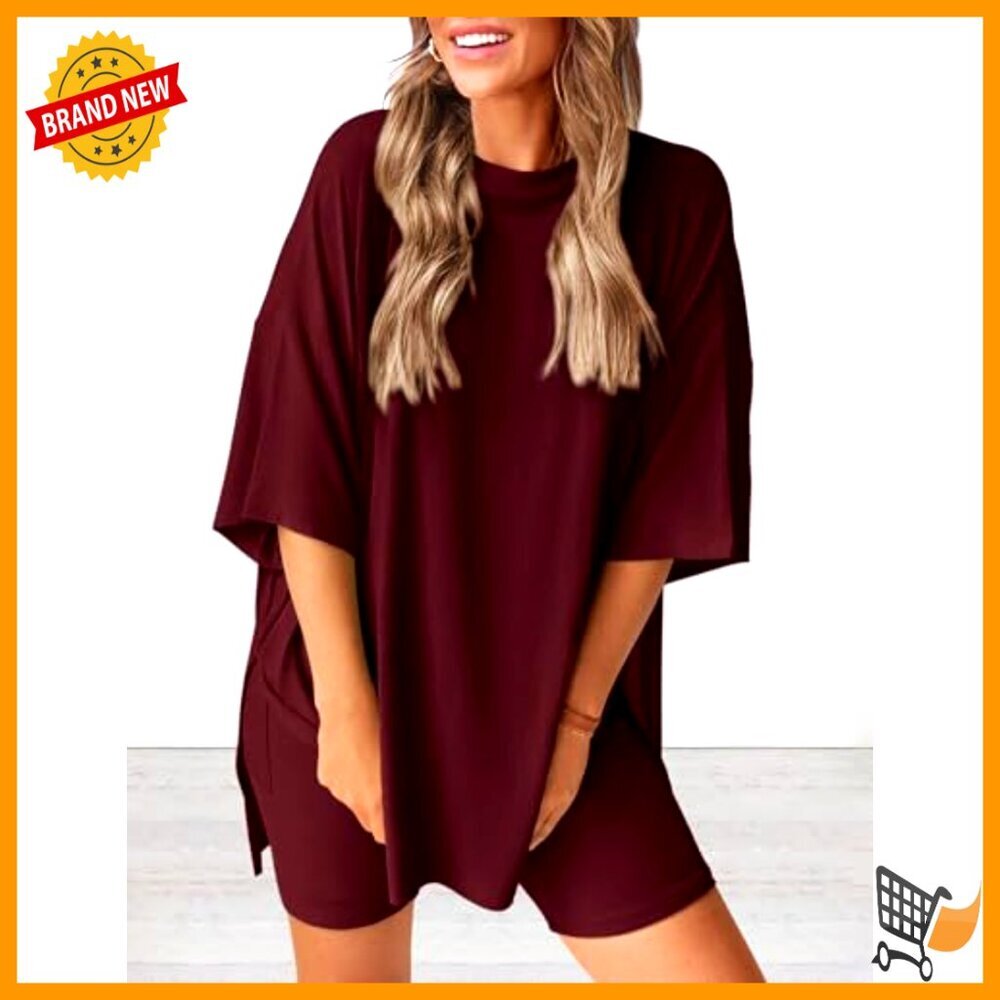 Oversized Two Piece Lounge Set Biker Shorts Matching Casual Travel Outfit - Picture 3 of 7